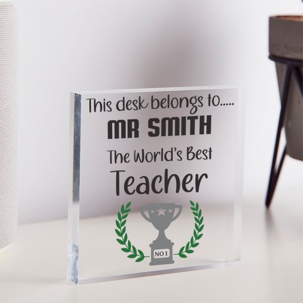 Best Teacher Gift Desk Sign with Trophy Acrylic Block 10cm x 10cm